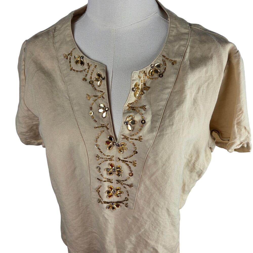 Women's Bogari Linen and Raylon Beaded V Neck Tunic, Size Large